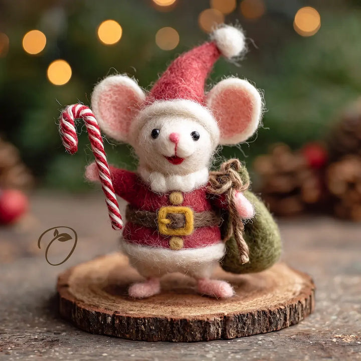White felt Santa mouse in a red coat and hat, holding a striped candy cane beside a green gift sack