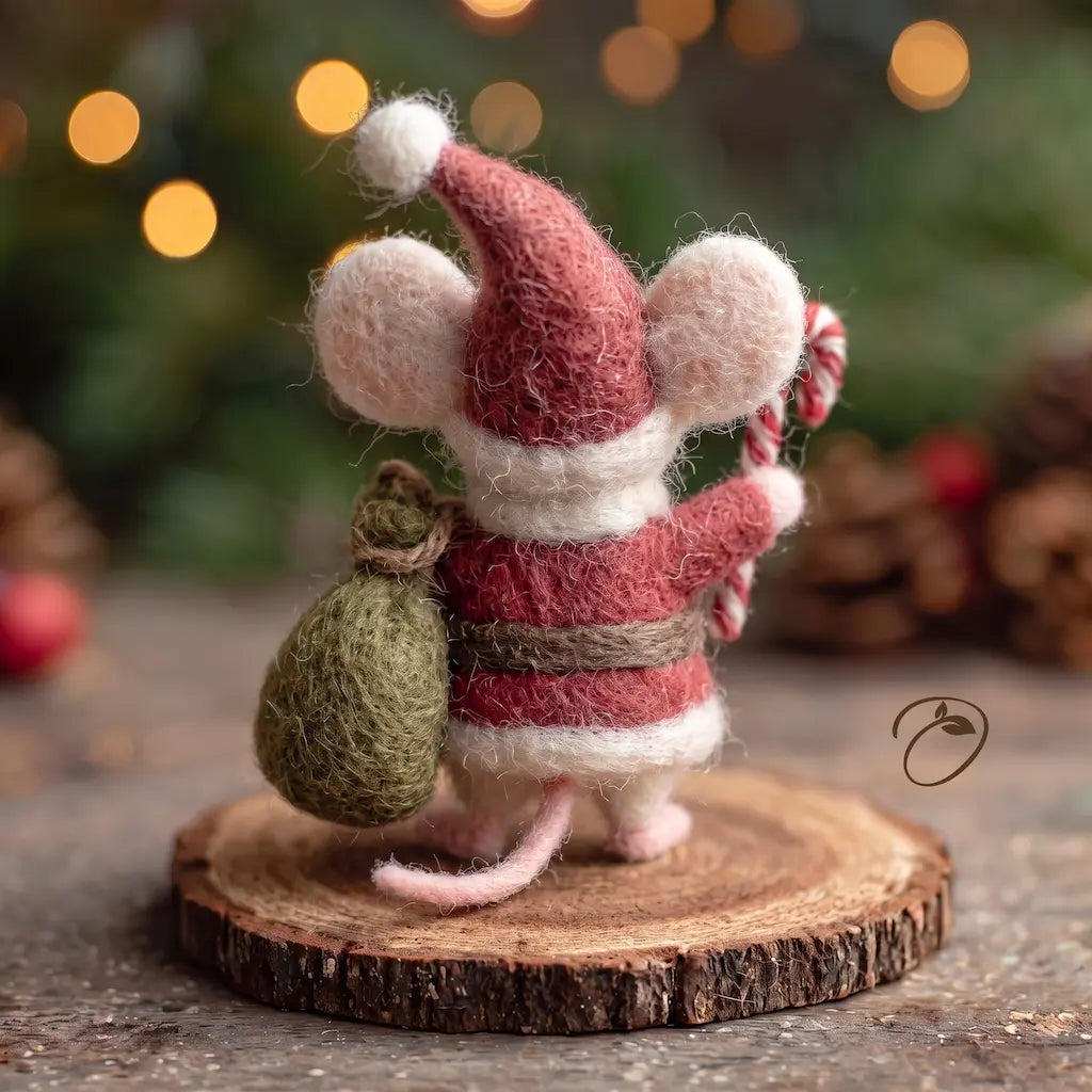 Back view of a felt Santa mouse with a white pompom hat, brown belt, green sack and pink tail