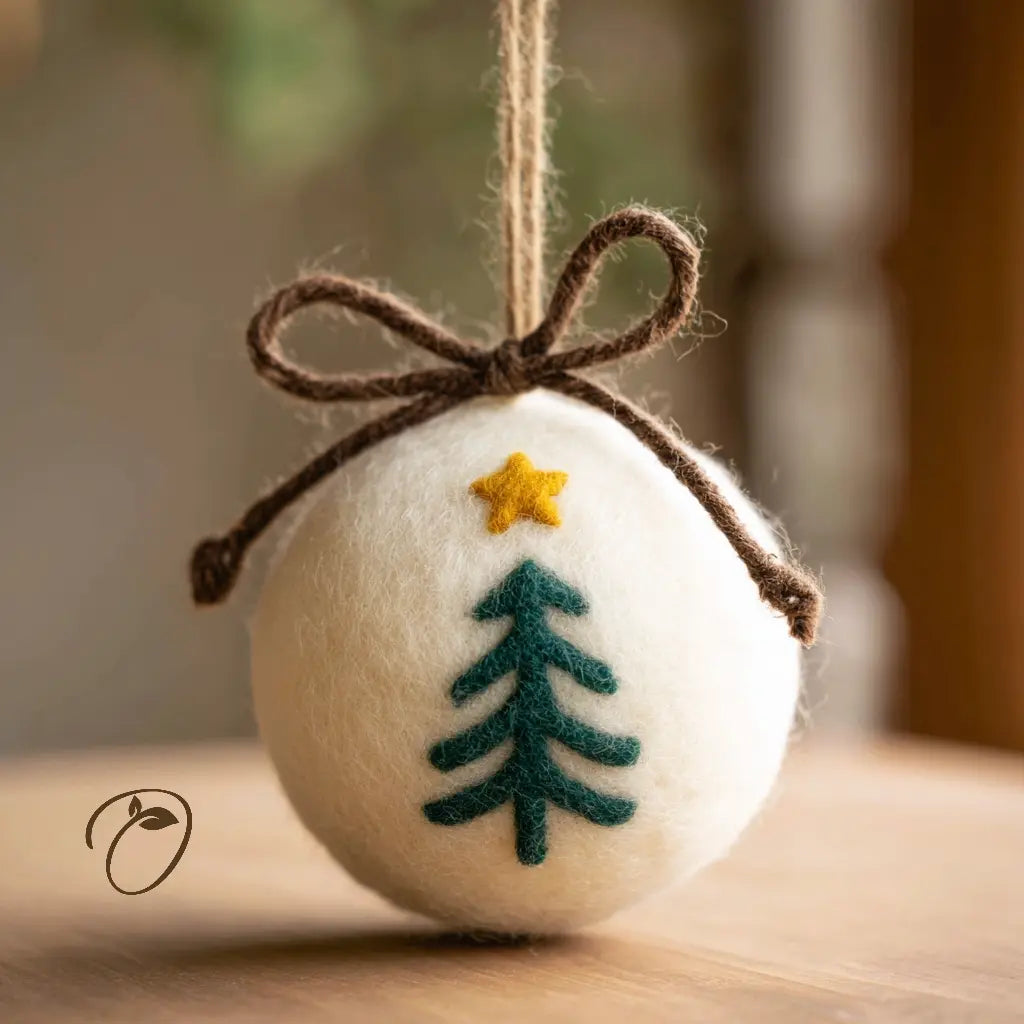 A white felt Christmas ornament with a dark green felt tree and a yellow felt star, hanging from a brown twine bow.