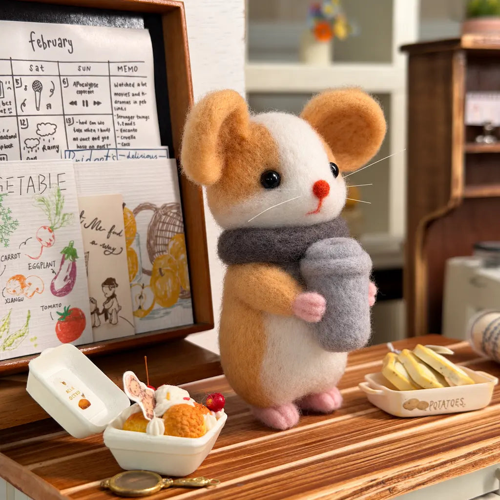 Tan and cream felt mouse in a gray scarf holding a coffee cup beside miniature desserts on a wooden café counter.