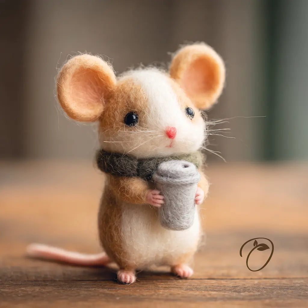 Front view of a brown felt mouse wearing a green scarf and holding a takeaway coffee cup