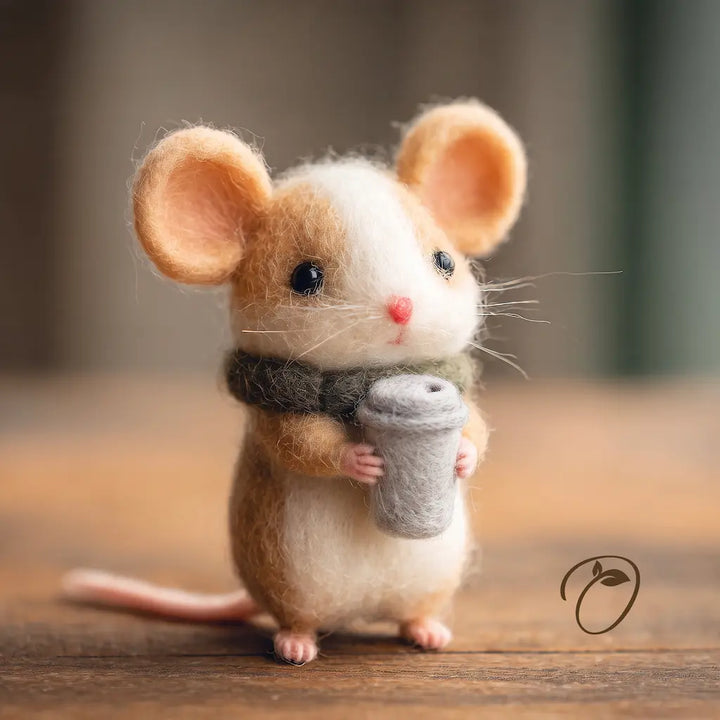Front view of a brown felt mouse wearing a green scarf and holding a takeaway coffee cup