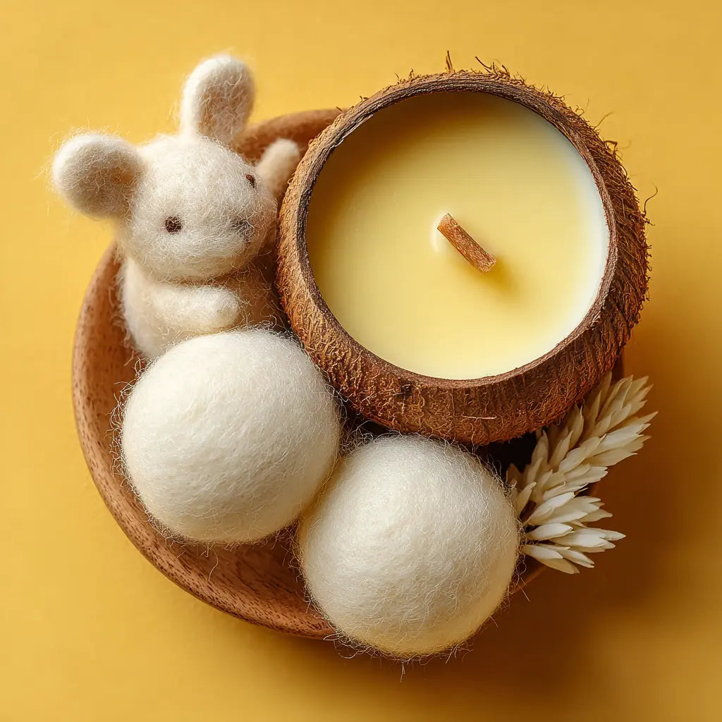 Coconut shell candle with decorative elements on a yellow background