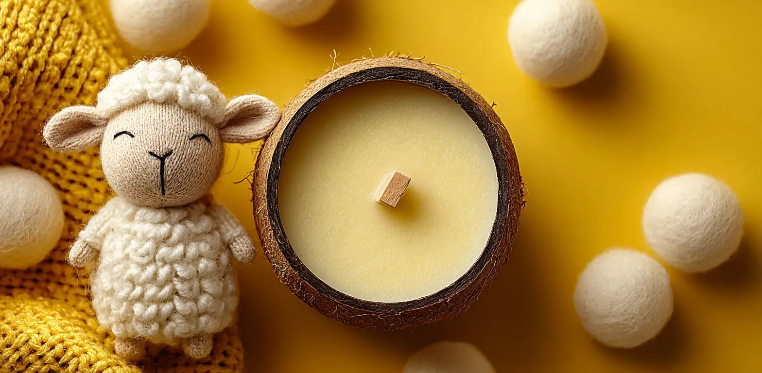 Coconut shell candle with a wooden wick on a yellow background with decorative elements