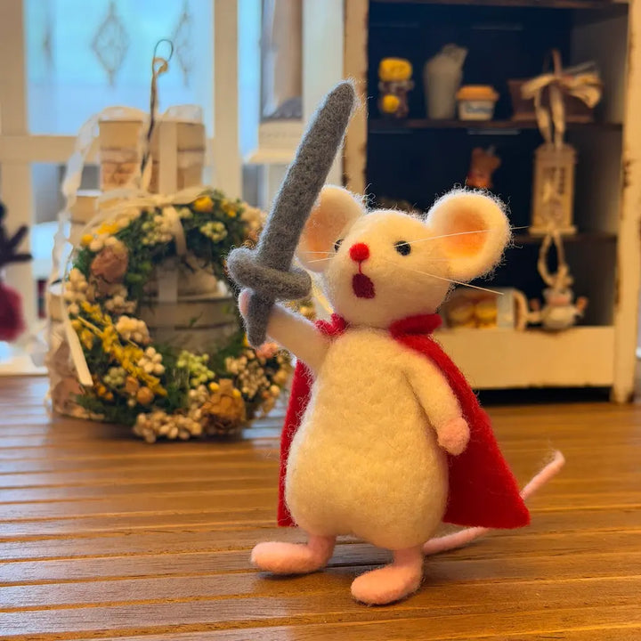 Handcrafted Felt Brave Mouse Knight with Cloak and Sword