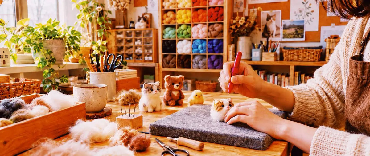 Artisan needle-felting a small wool cat by hand at a warm OakenArk craft workbench