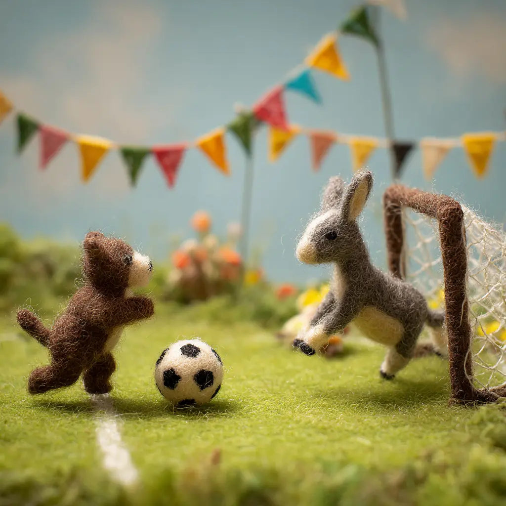 Handcrafted wool felt bear and rabbit soccer collectibles, sustainable newborn gift OakenArk.