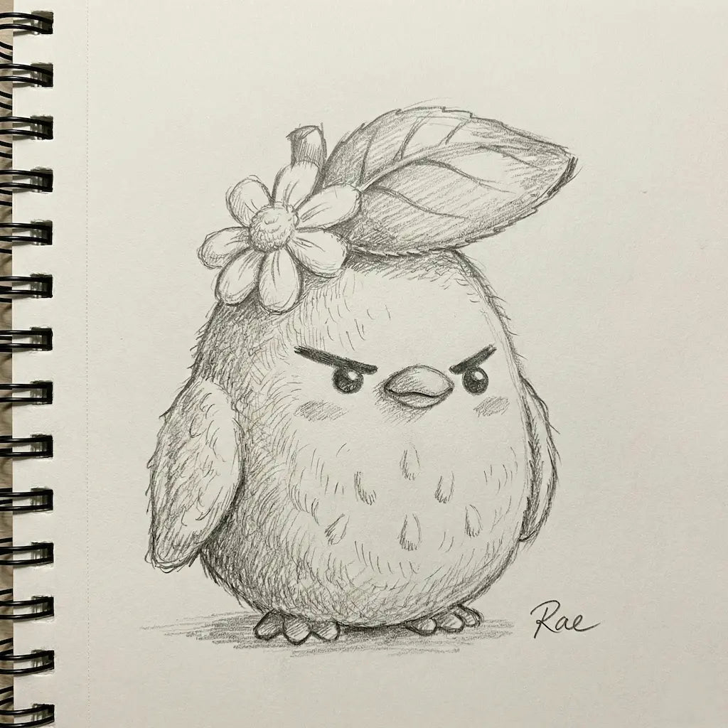 Doodle of a bird with a flower and leaf on its head next to a spiral notebook.