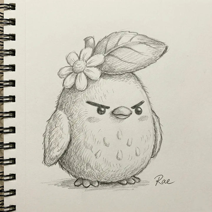 Doodle of a bird with a flower and leaf on its head next to a spiral notebook.