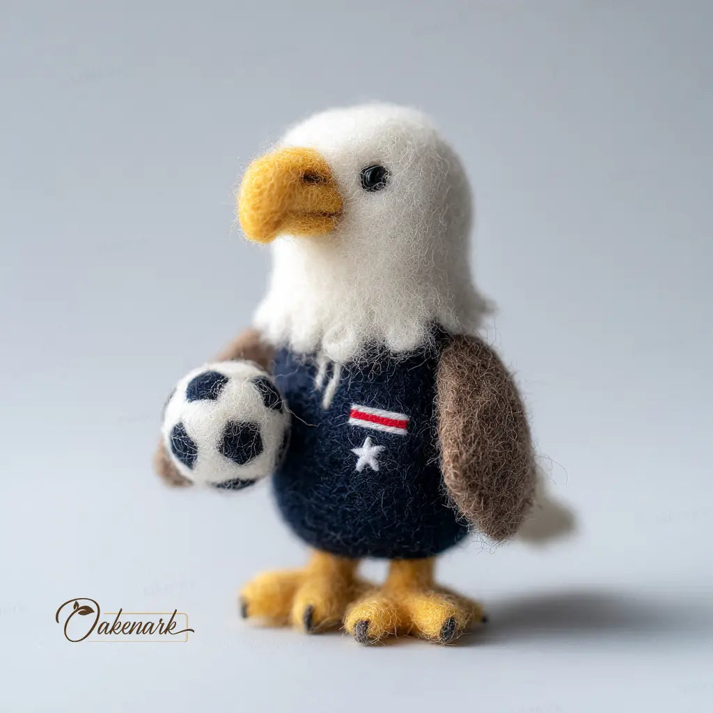 Stuffed eagle toy holding a soccer ball on a gray background