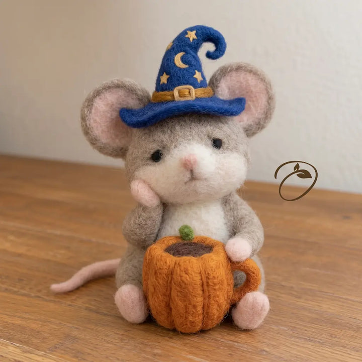 Halloween Cozy Cup Mouse felt figurine with wizard hat and orange pumpkin mug