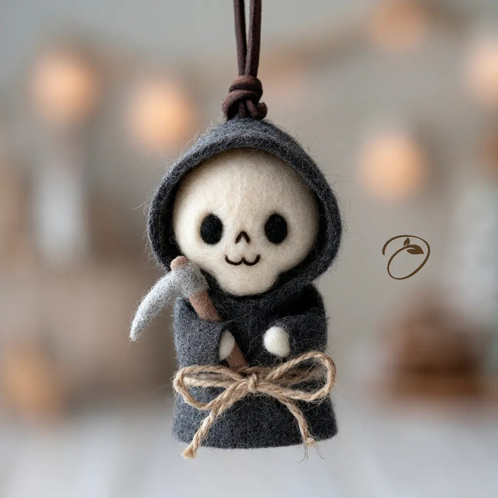 A small felt hanging ornament shaped like a hooded skeleton figure in dark charcoal gray, with a cream skull face, black eyes, a gray scythe, and a twine bow at the waist, suspended by a brown cord against a softly blurred warm background.