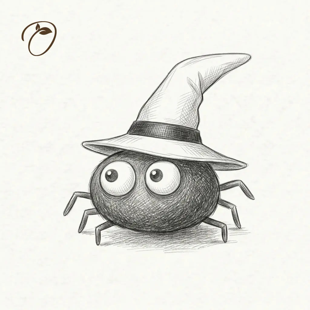 Concept illustration of Midnight Spider with a rounded body, oversized eyes and a curved witch hat