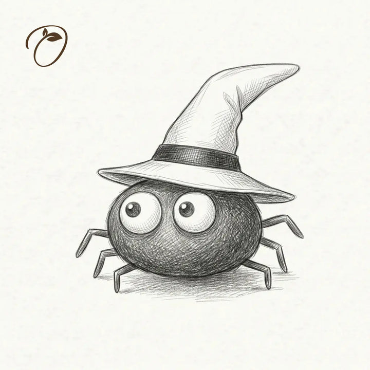 Concept illustration of Midnight Spider with a rounded body, oversized eyes and a curved witch hat