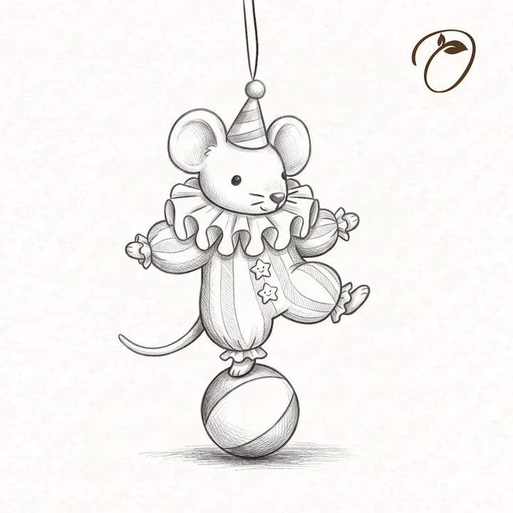 Concept illustration of Carnival Mouse in a striped costume balancing on a circus ball
