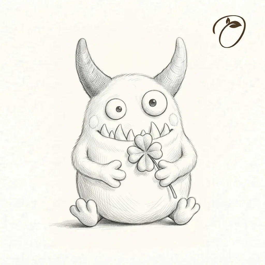 Concept illustration of a seated Clover Monster with curved horns, a toothy grin and a four-leaf clover
