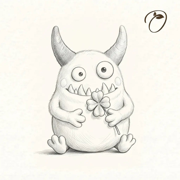 Concept illustration of a seated Clover Monster with curved horns, a toothy grin and a four-leaf clover