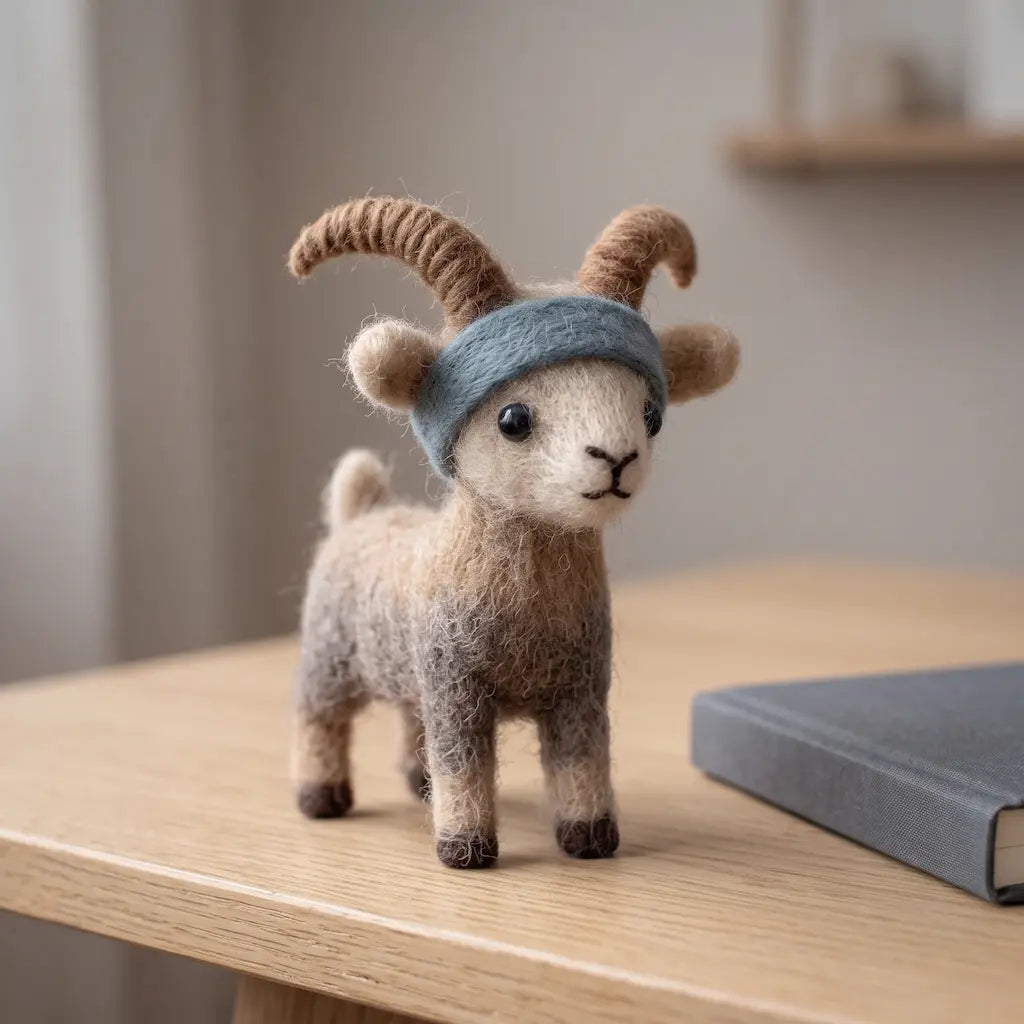 Alpine Goat felt figurine displayed on a desk in a nature-inspired setting