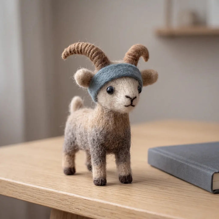 Alpine Goat felt figurine displayed on a desk in a nature-inspired setting