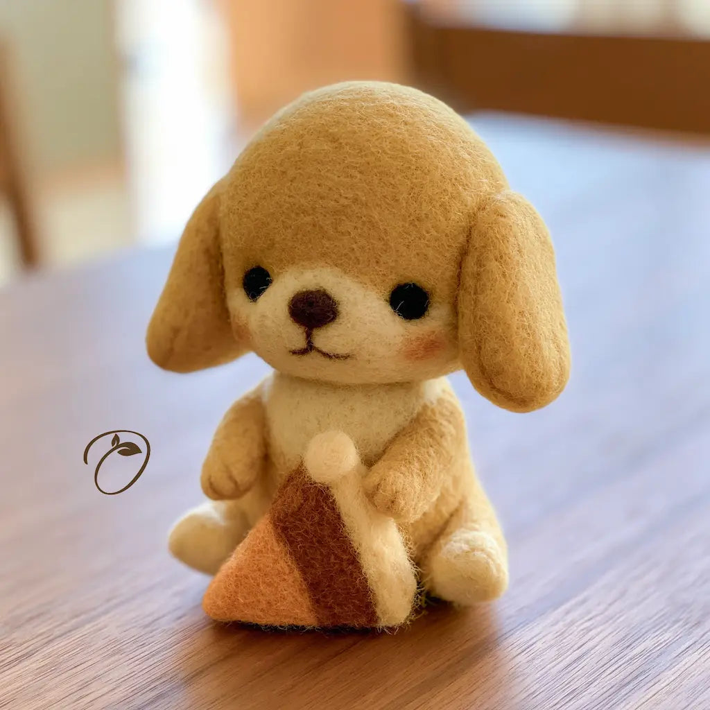 Sweet Treat Puppy wool felt figurine holding a miniature pie slice