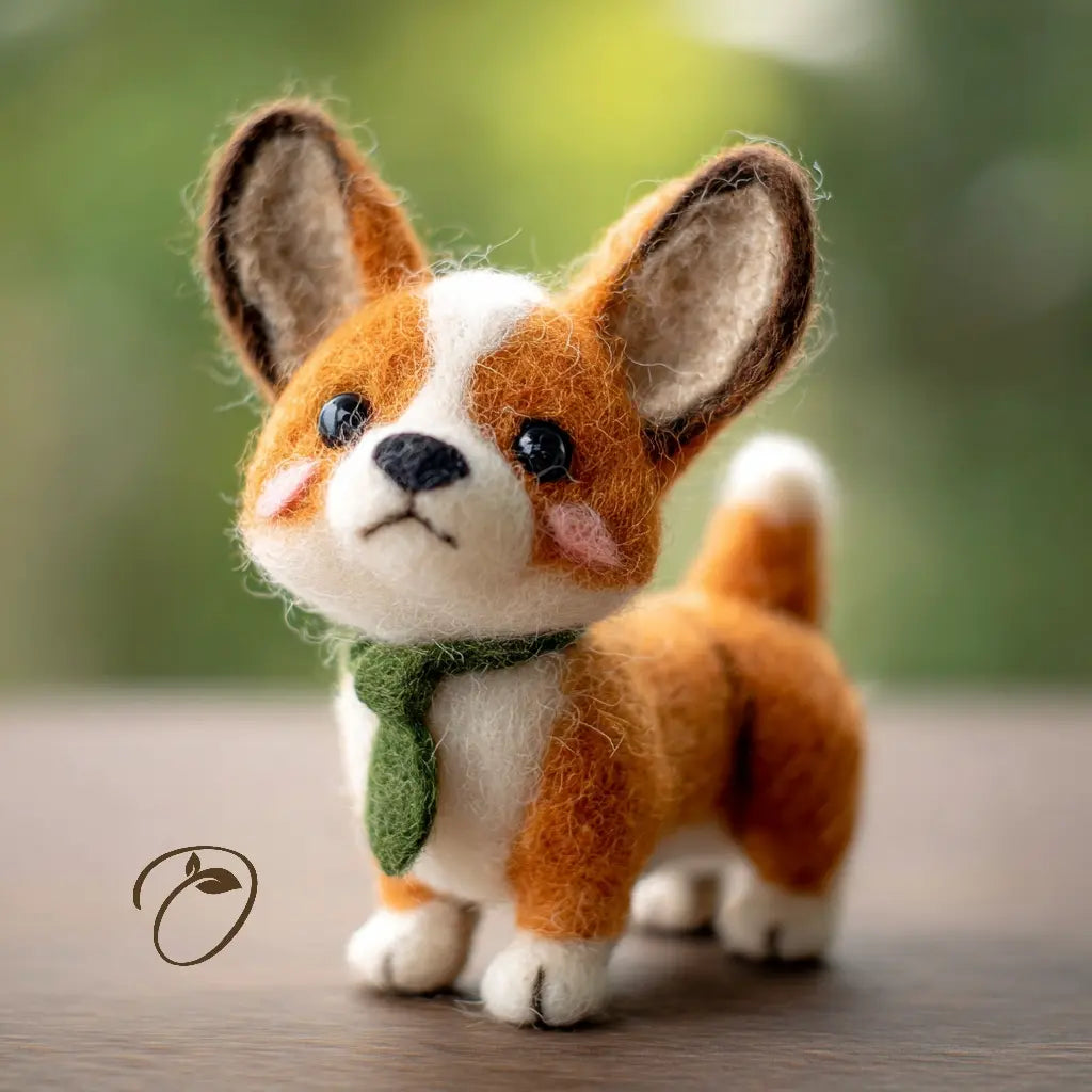 Orange and white corgi wool felt figurine wearing a green scarf