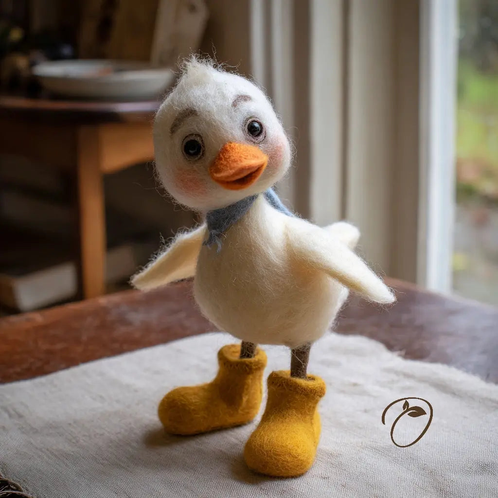 A handmade felted wool duck figurine wearing mustard yellow booties and a blue scarf, standing on a textured white cloth in a softly lit indoor setting.