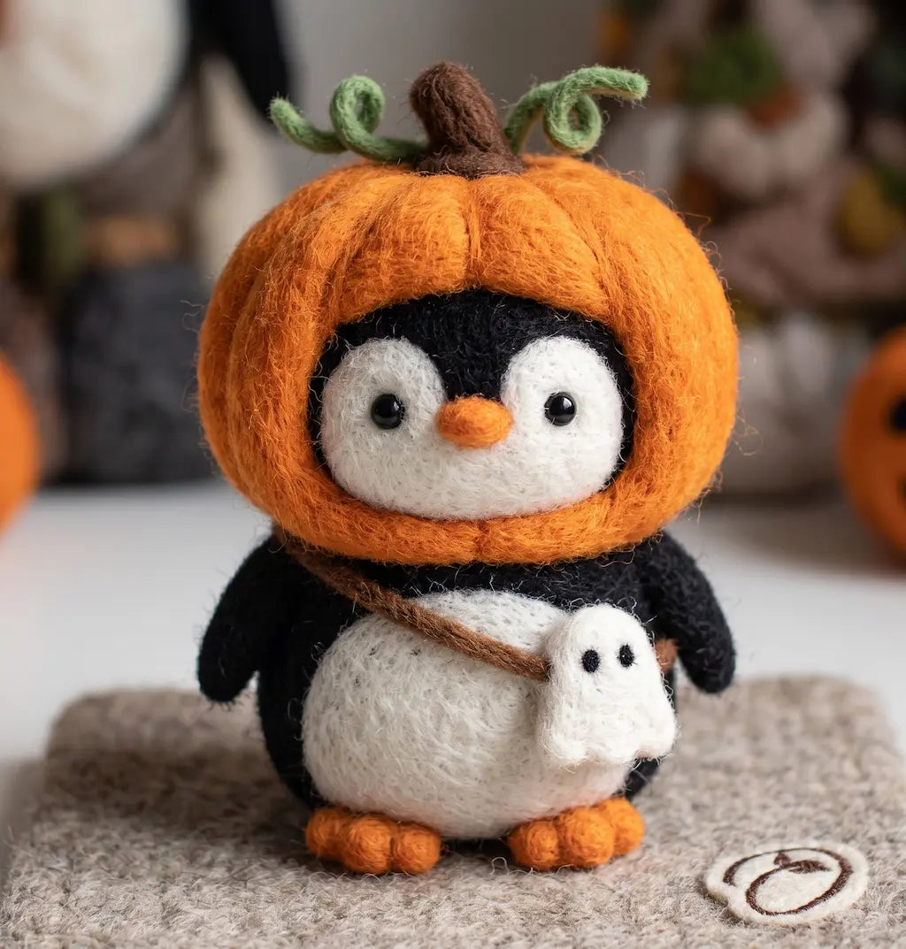 Pumpkin Rascal Penguin wool felt figurine in oversized pumpkin costume with ghost charm