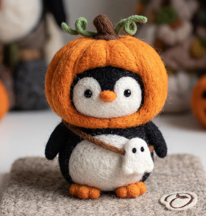 Pumpkin Rascal Penguin wool felt figurine in oversized pumpkin costume with ghost charm