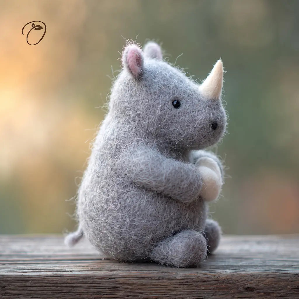Side view of a gray felt rhino holding a white heart, showing its cream horn, rounded belly and short tail.