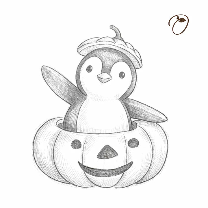 A black and white pencil sketch of a cute penguin wearing a small pumpkin hat, sitting inside a carved jack-o&
