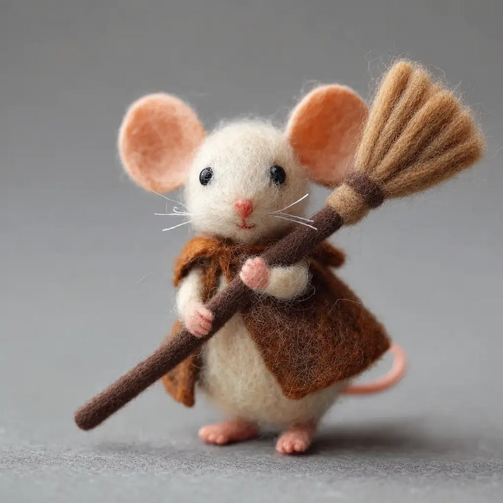 Little Helper Mouse felt figurine wearing a brown cape and holding a wool felt broom