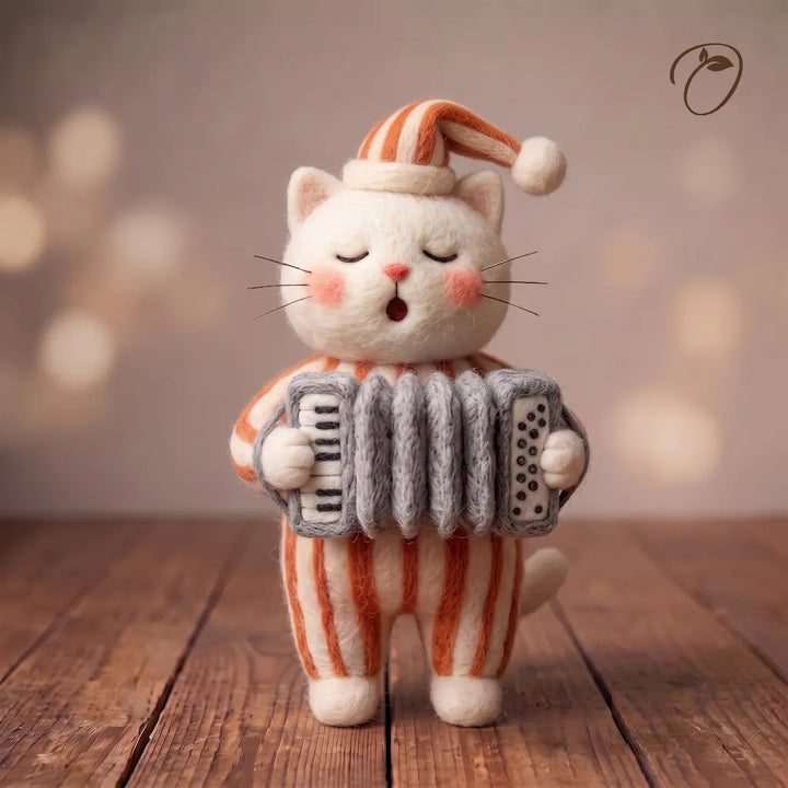 White accordion cat wool felt figurine wearing orange striped pajamas and a matching sleep cap