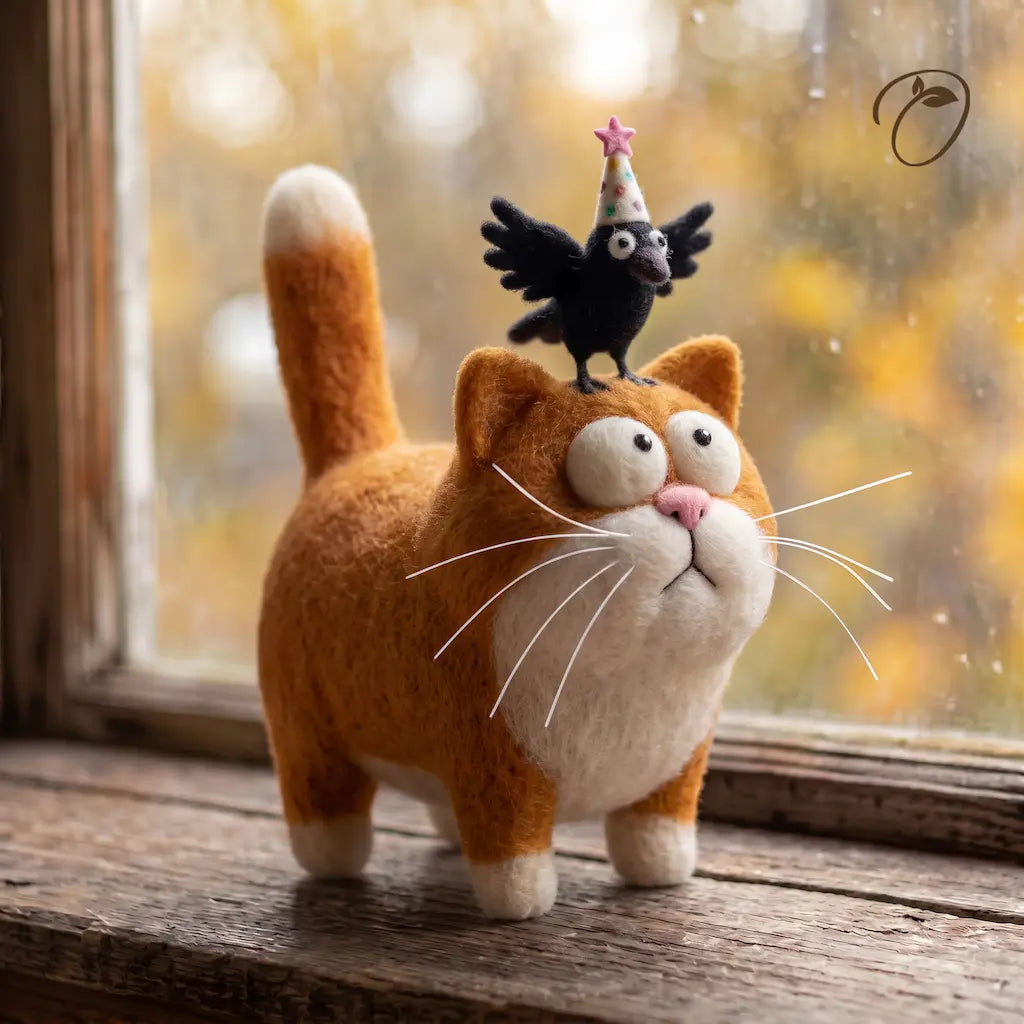 Ginger cat wool felt figurine looking up at a black crow perched on its head, wearing a party hat topped with a pink star
