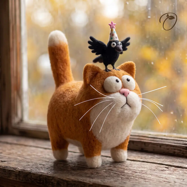 Ginger cat wool felt figurine looking up at a black crow perched on its head, wearing a party hat topped with a pink star