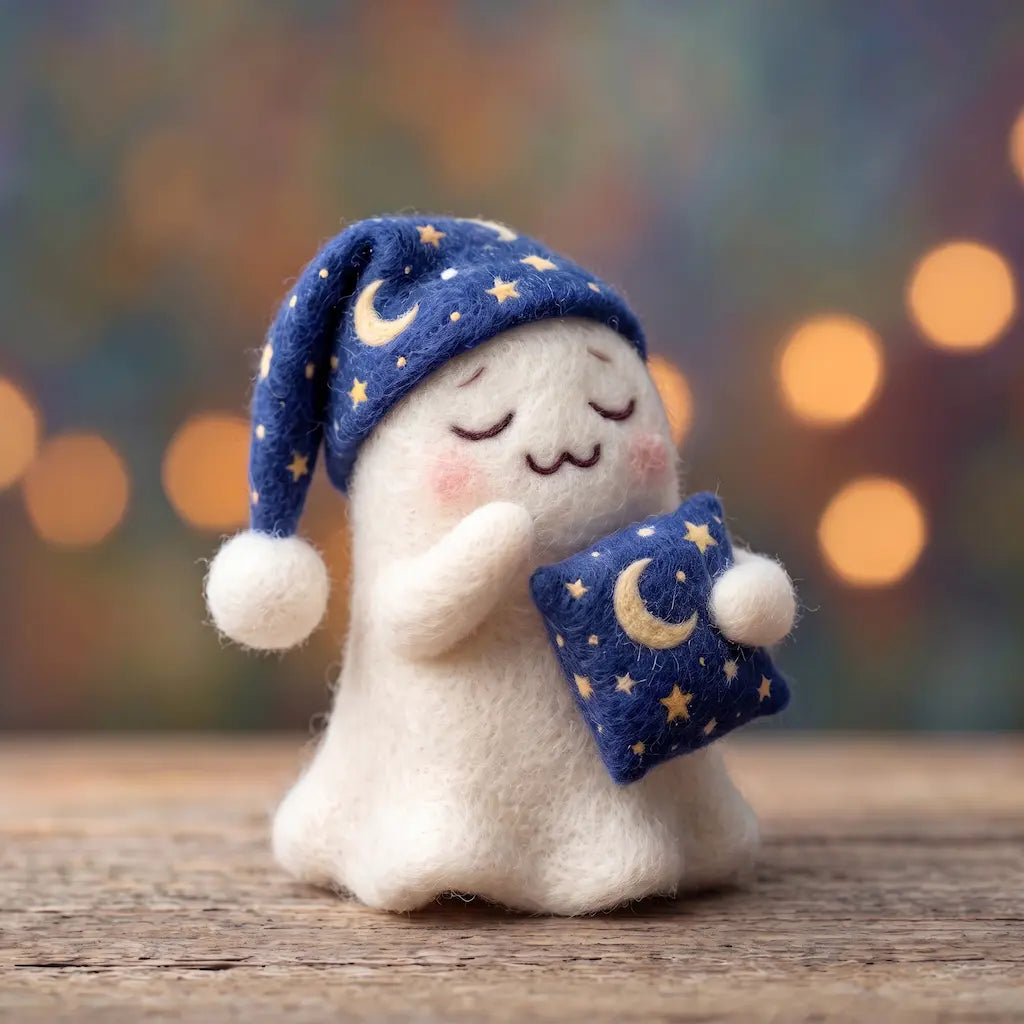 Moonlit Slumber Ghost wool felt figurine holding a moon-and-stars pillow with eyes closed