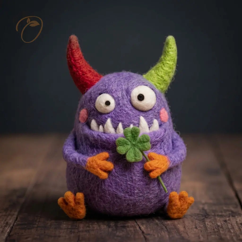Purple Clover Monster wool felt figurine holding a four-leaf clover with mismatched horns, pointed teeth and orange hands