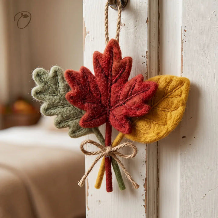 Front view of an autumn leaf bouquet felt ornament with red, golden yellow, and sage green leaves, a twine bow, and hanging loop.