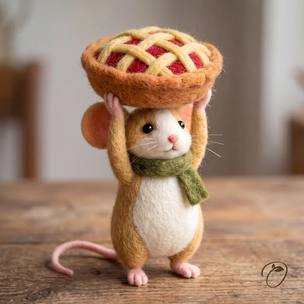 Apple Pie Parade Mouse felt figurine holding a lattice-topped pie overhead, with a green scarf, cream belly, and pink paws.