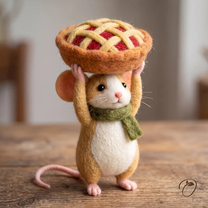 Apple Pie Parade Mouse felt figurine holding a lattice-topped pie overhead, with a green scarf, cream belly, and pink paws.