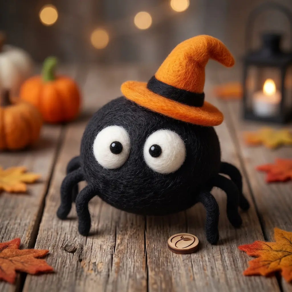 Midnight Spider wool felt figurine with oversized white eyes and an orange witch hat on a wooden table
