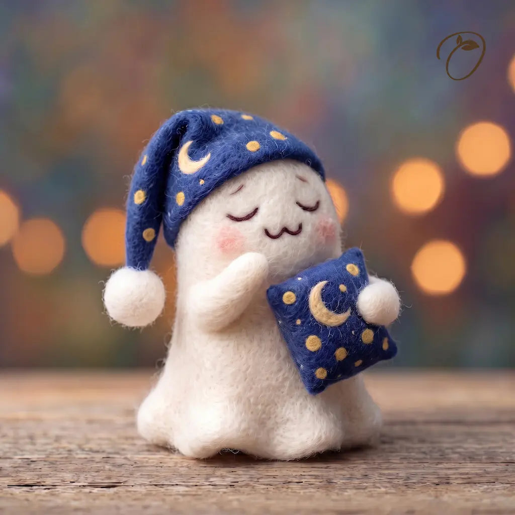 Moonlit Slumber Ghost wool felt figurine wearing a navy crescent-moon sleep cap and holding a matching dotted pillow