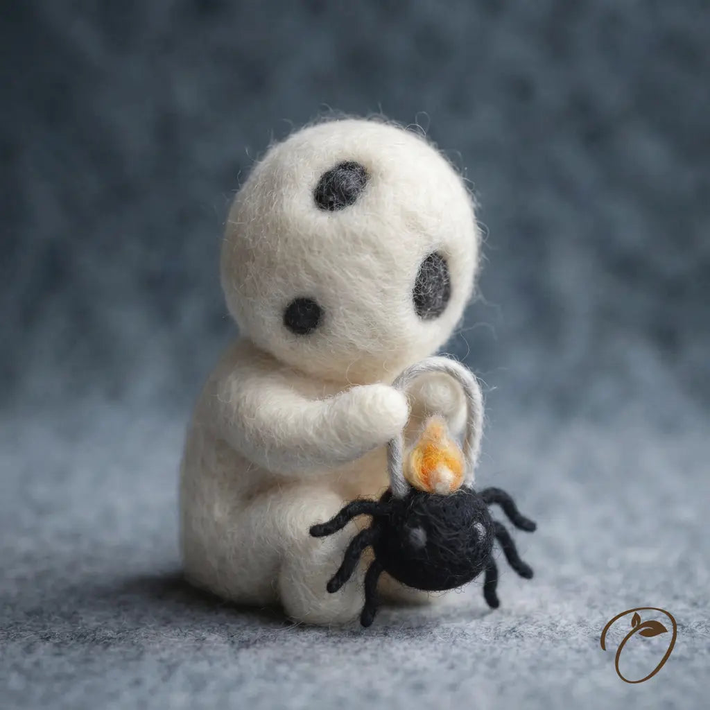 Lantern Sprite wool felt figurine with a tilted ivory head holding a black spider-shaped lantern with a felt flame