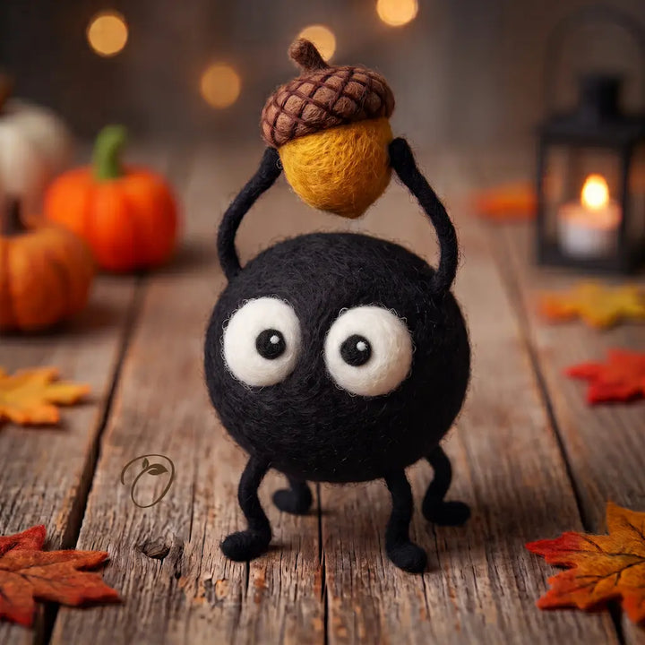 Front view of a round black felt sprite with large white eyes, holding a golden acorn with a textured brown cap above its head.