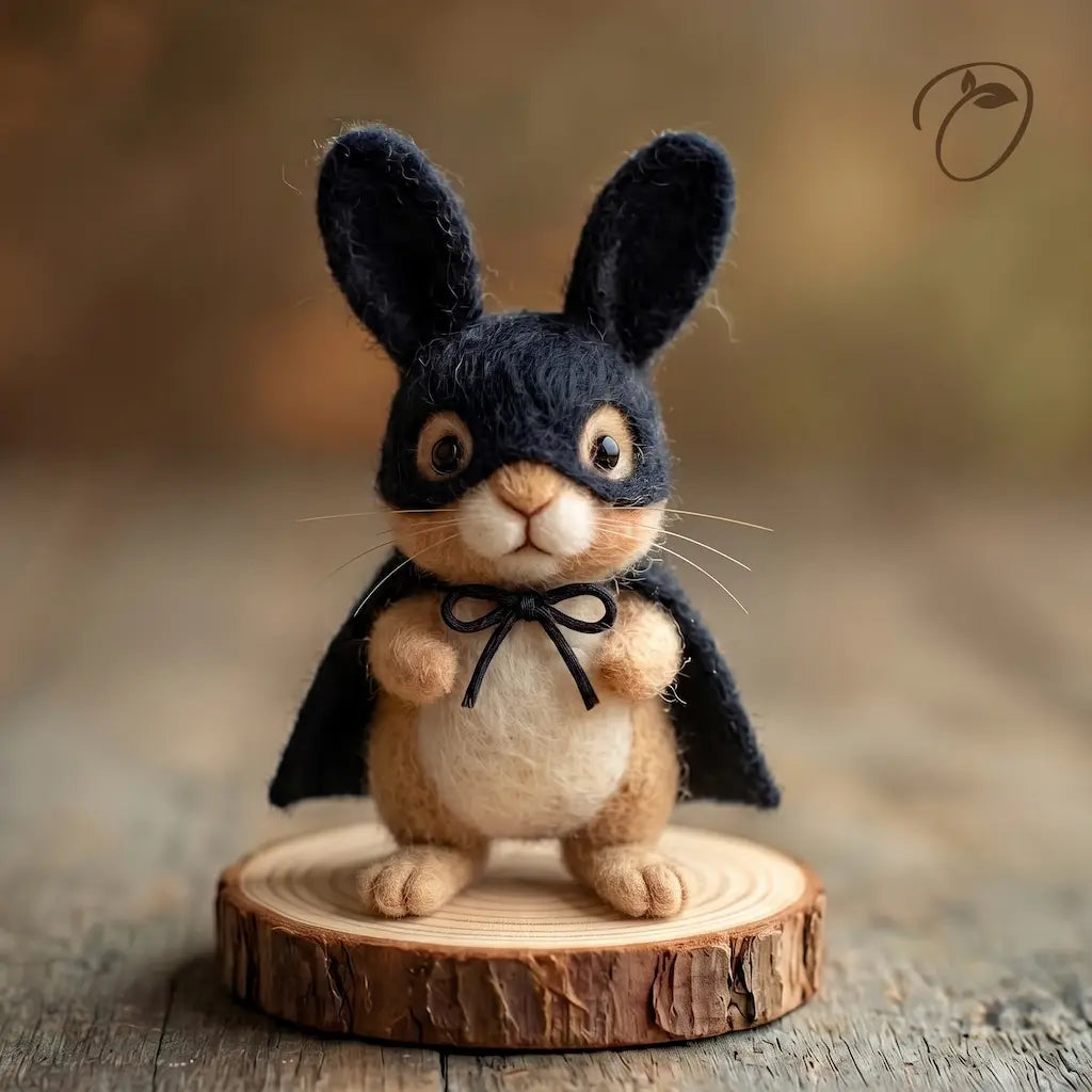 Masked Bunny wool felt figurine wearing a black eye mask and cape on a wood slice