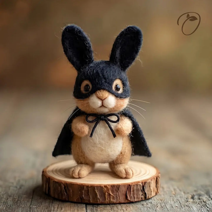 Masked Bunny wool felt figurine wearing a black eye mask and cape on a wood slice