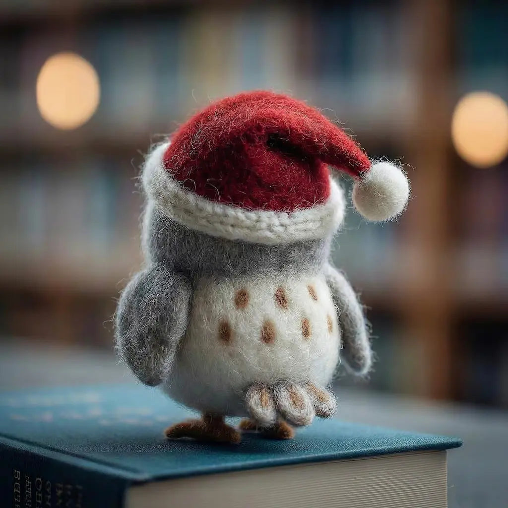Small felted animal wearing a red Santa hat on a book with a blurred background