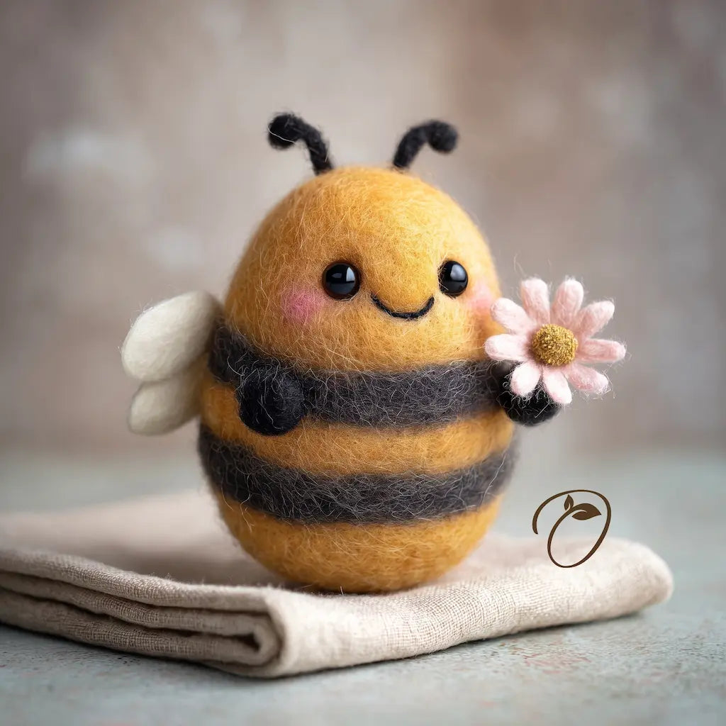 A cute needle-felted bee figurine with yellow and black stripes, white wings, and a pink flower, sitting on a folded beige cloth against a soft gray background.