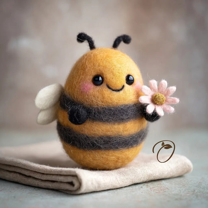 A cute needle-felted bee figurine with yellow and black stripes, white wings, and a pink flower, sitting on a folded beige cloth against a soft gray background.