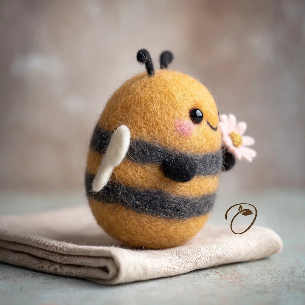 A cute needle-felted bee figurine with yellow and black stripes, holding a small pink flower, resting on a folded beige cloth against a soft gray background.