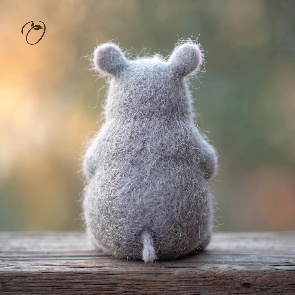 Back view of a seated gray felt rhino with rounded ears, a short tail and visible wool fibers on a wooden surface.